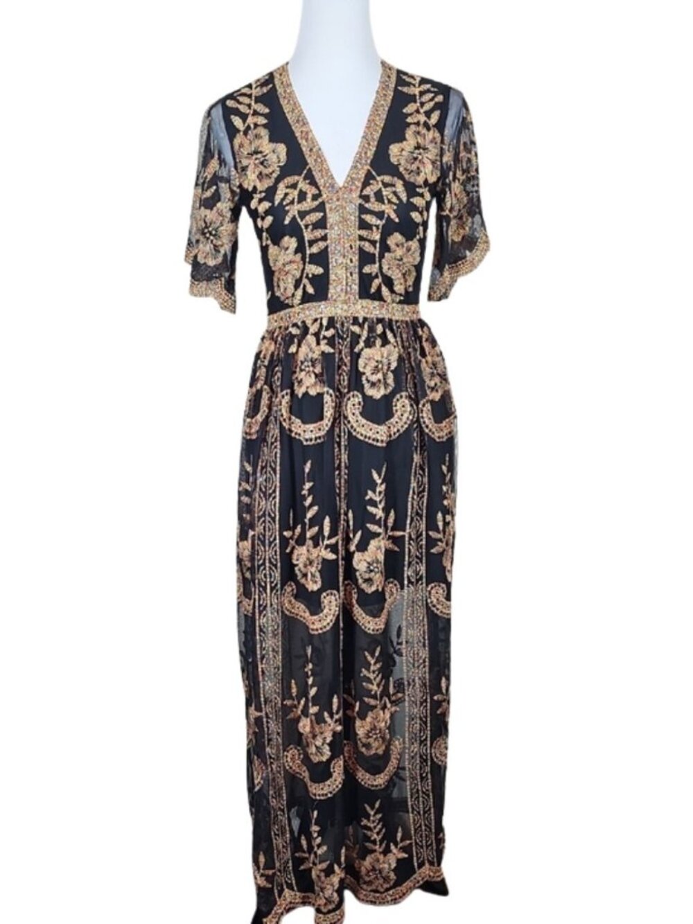 Altar'd State Catania Black Embroidered Mesh Maxi Dress S Dark Boho Victorian